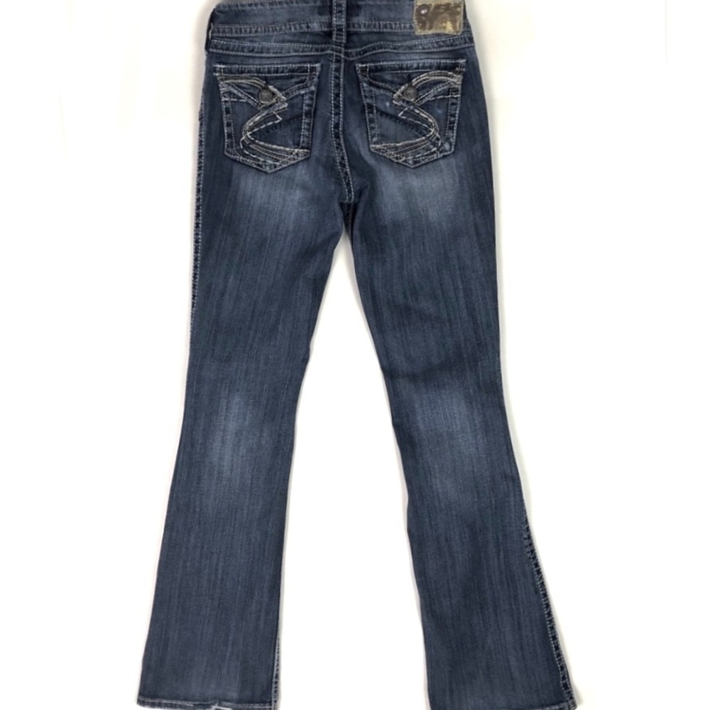 Silver Suki Surplus Bootcut Jeans, Two Tone Topstitching on Back Flap Pockets